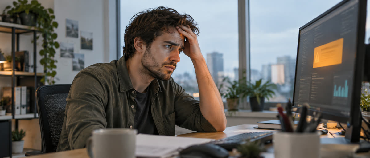 An engineer with a hand on his forehead looks dismayed at an amber warning on his monitor.