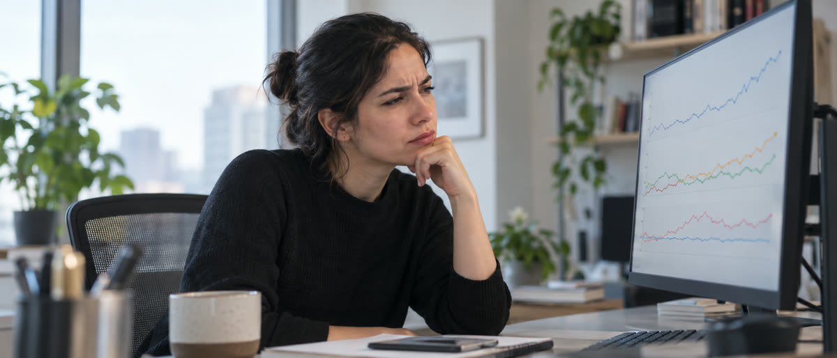 A data scientist rests her chin on her hand and squints skeptically at line charts.