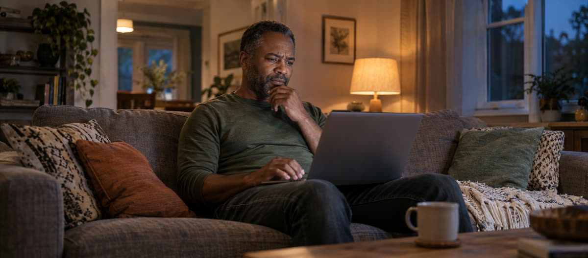 A man on a living-room sofa at night rests his chin on his hand and frowns doubtfully at his laptop.